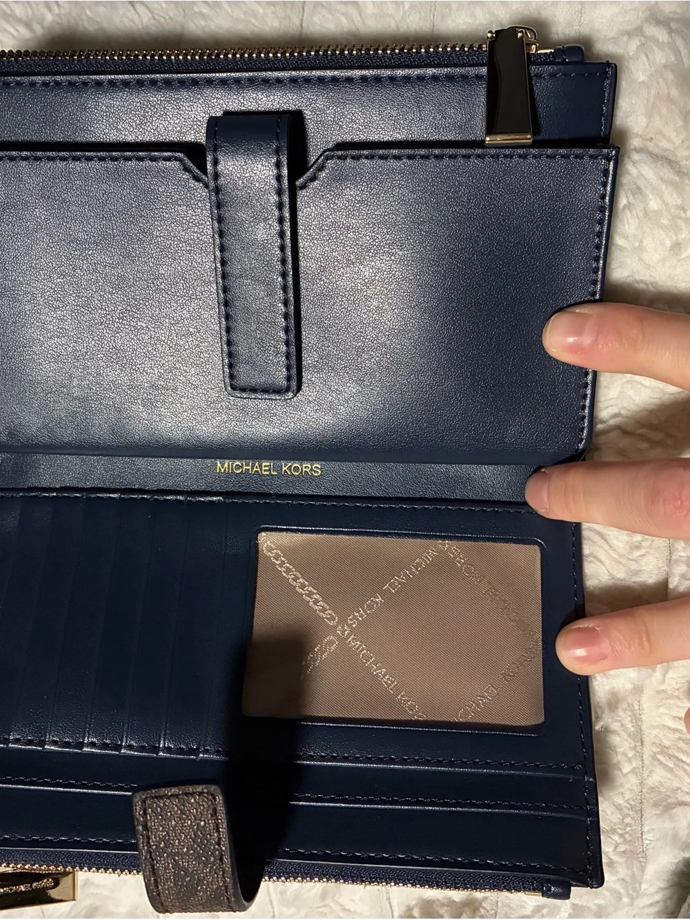 Michael Kors Navy and White MK Logo Wristlet with Gold Hardware